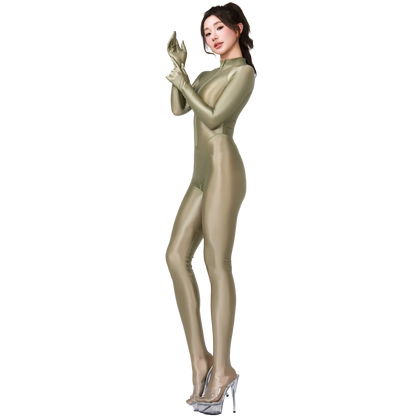 [LOST-G] 光沢 フロントジッパー 全身タイツ レディース ゼンタイ ボディースーツ 長袖 ストレッチ コスプレ ピンク