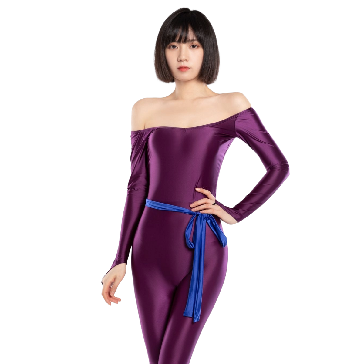 光沢 オフショルダー 全身タイツ ロングスリーブ ストレッチ