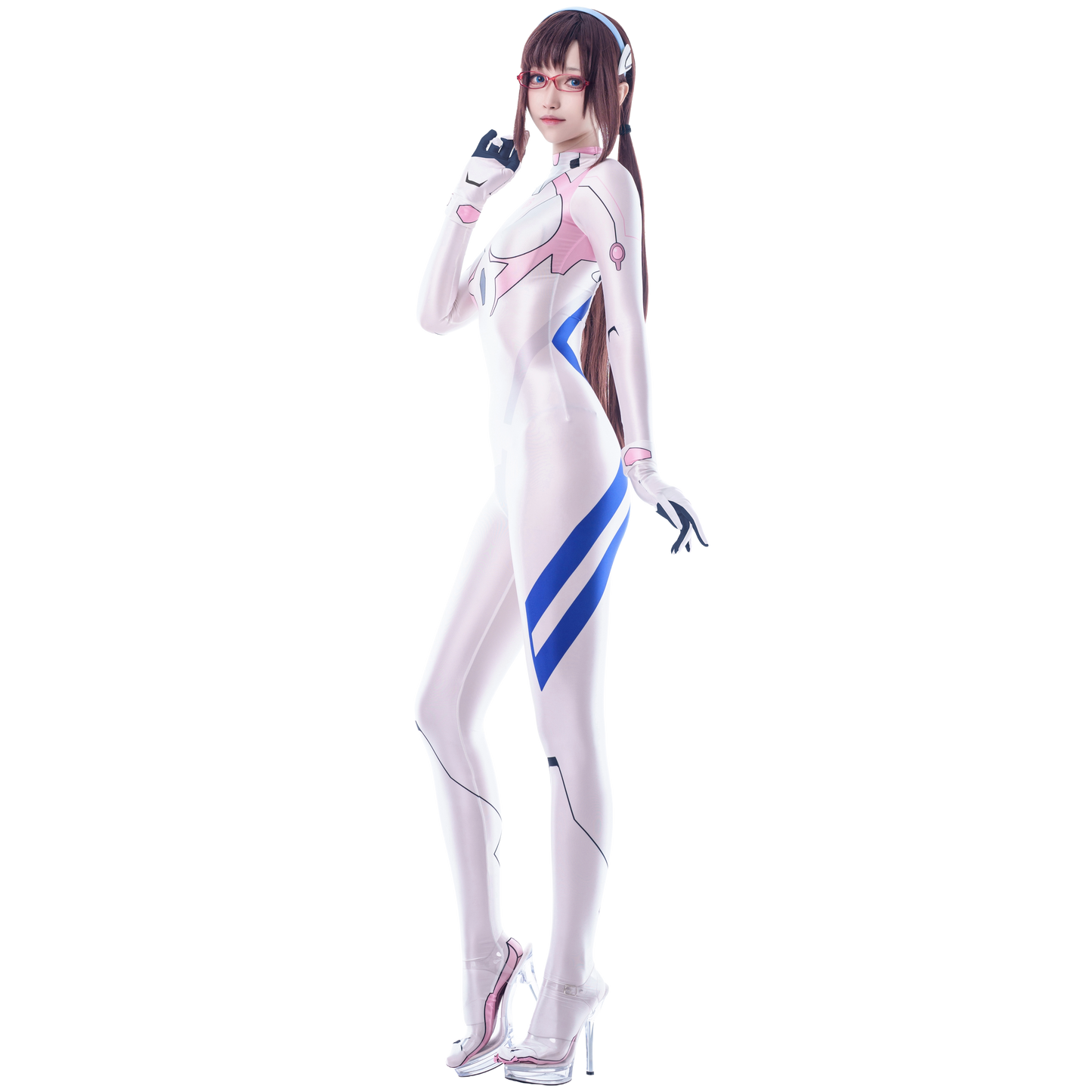 [LOST-G]サイバー 全身タイツ コスプレ ボディースーツ レディース 光沢 ストレッチ SF アニメ風 ホワイト×ピンク