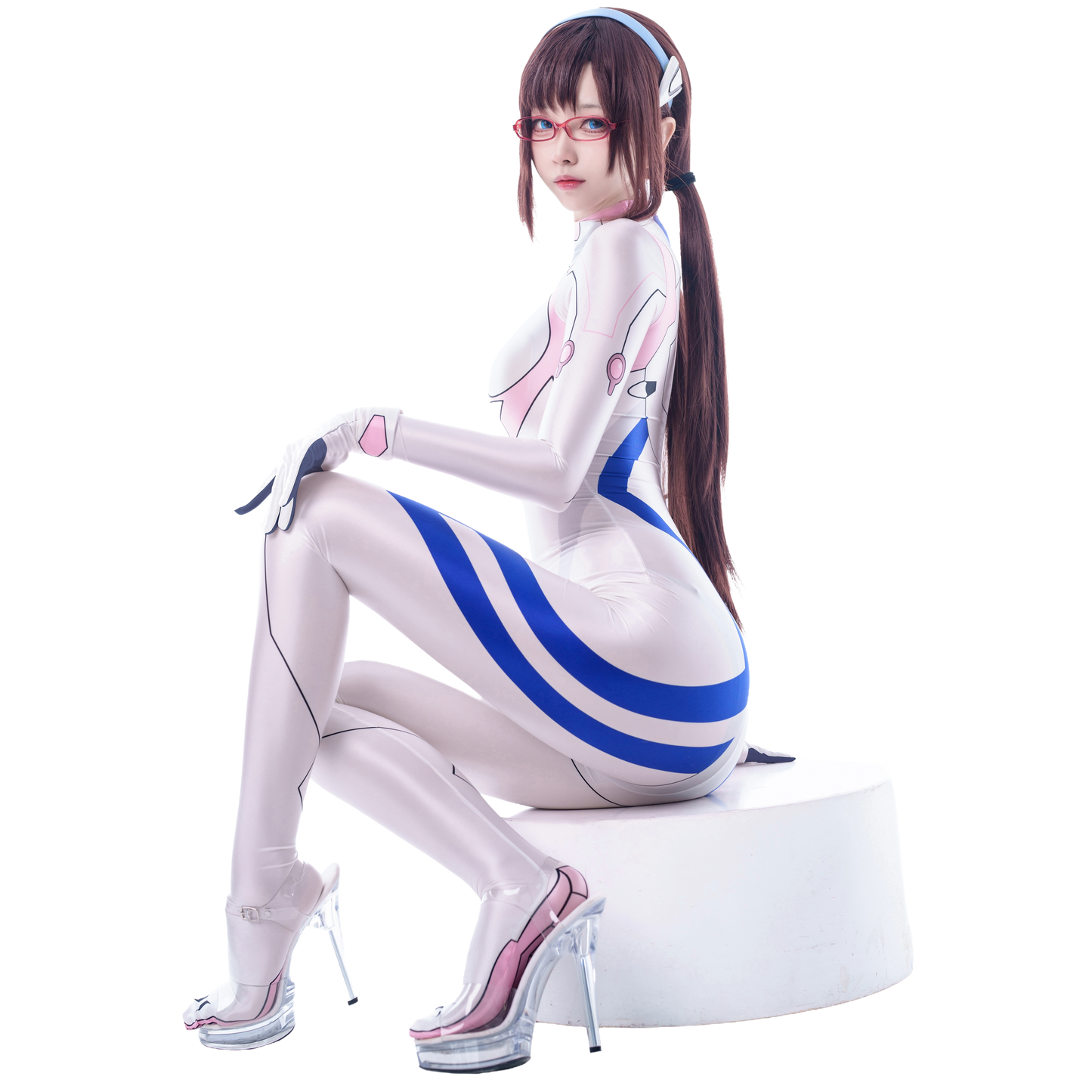 [LOST-G]サイバー 全身タイツ コスプレ ボディースーツ レディース 光沢 ストレッチ SF アニメ風 ホワイト×ピンク