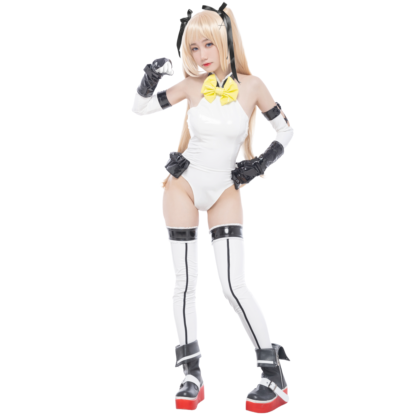 [LOST-G]光沢 バニー コスプレ ボディスーツ コスチューム セット ハイレグ ボディースーツ グローブ付き ニーハイ付き レディース