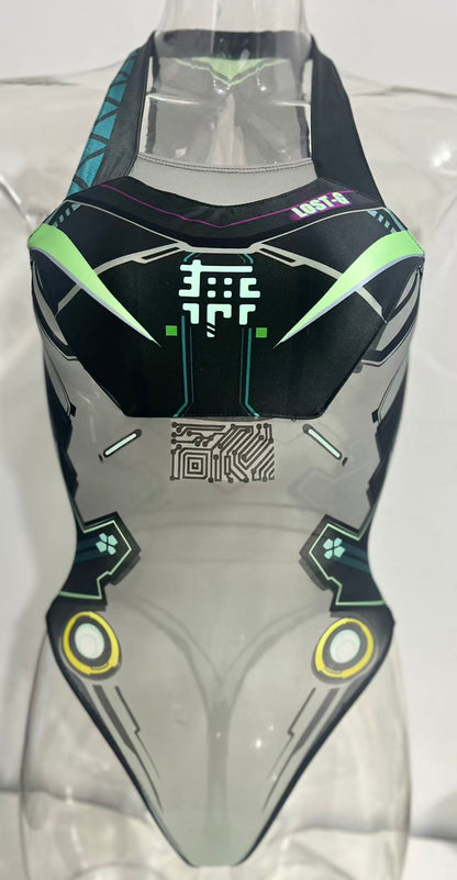 [LOST-G]サイバープリント ハイレグ水着風 ボディスーツ レディース コスプレ SFデザイン シースルー セクシー スイムウェア
