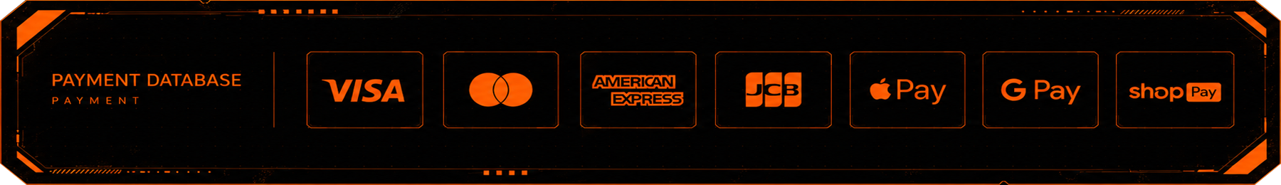 Payment database: Visa, Mastercard, American Express, JCB, Apple Pay, Google Pay, Shop Pay